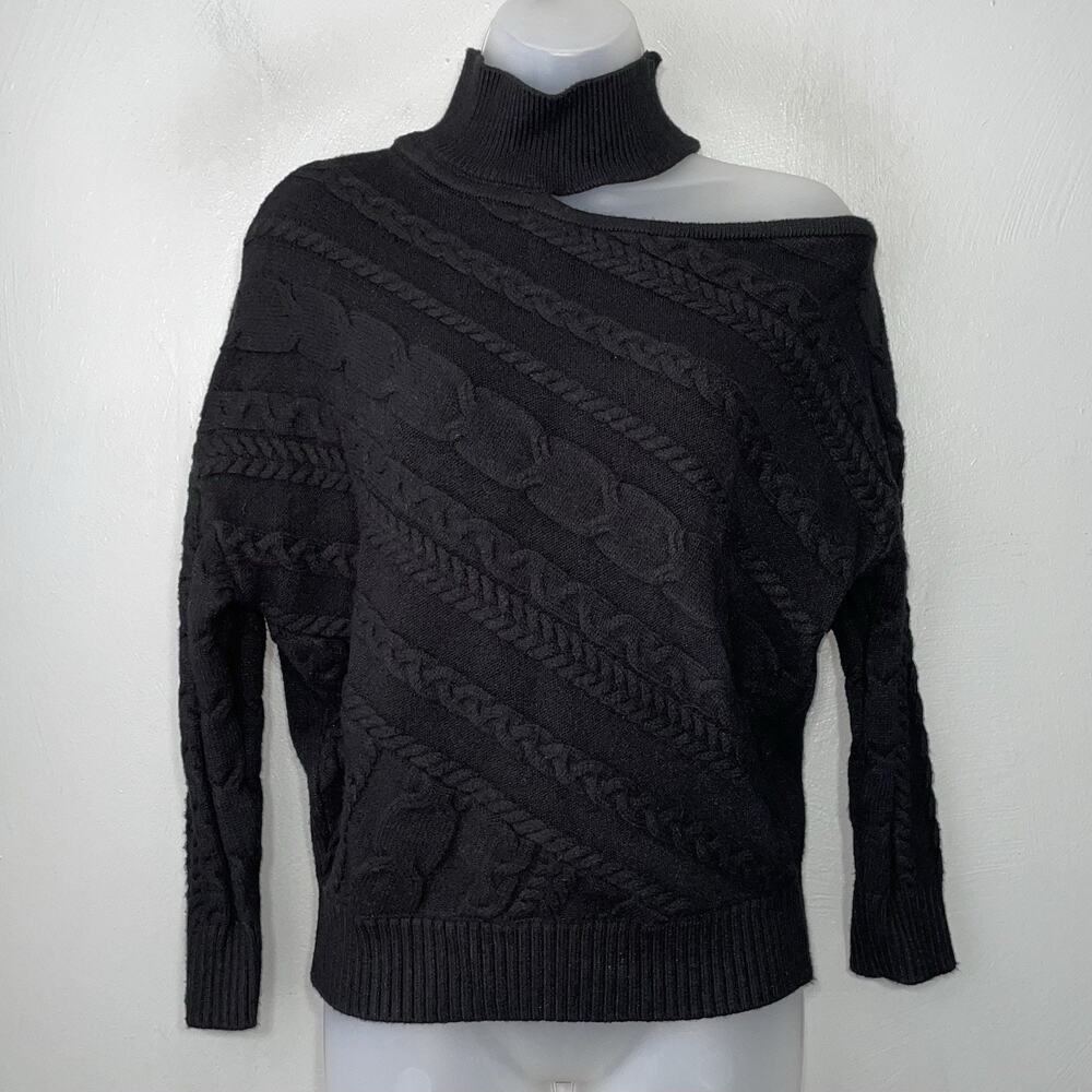 Venus One Shoulder Sweater Size Small Black Soft Cable Knit Mock Neck Luxe Goth
